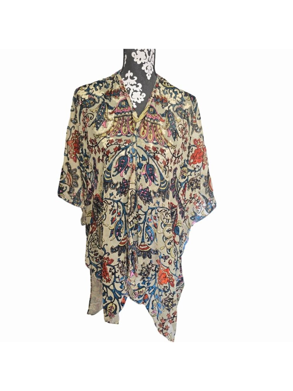 NEW Angie One Size Sheer Floral Paisley Kimono Beige Velvet Burnout Shawl Wrap